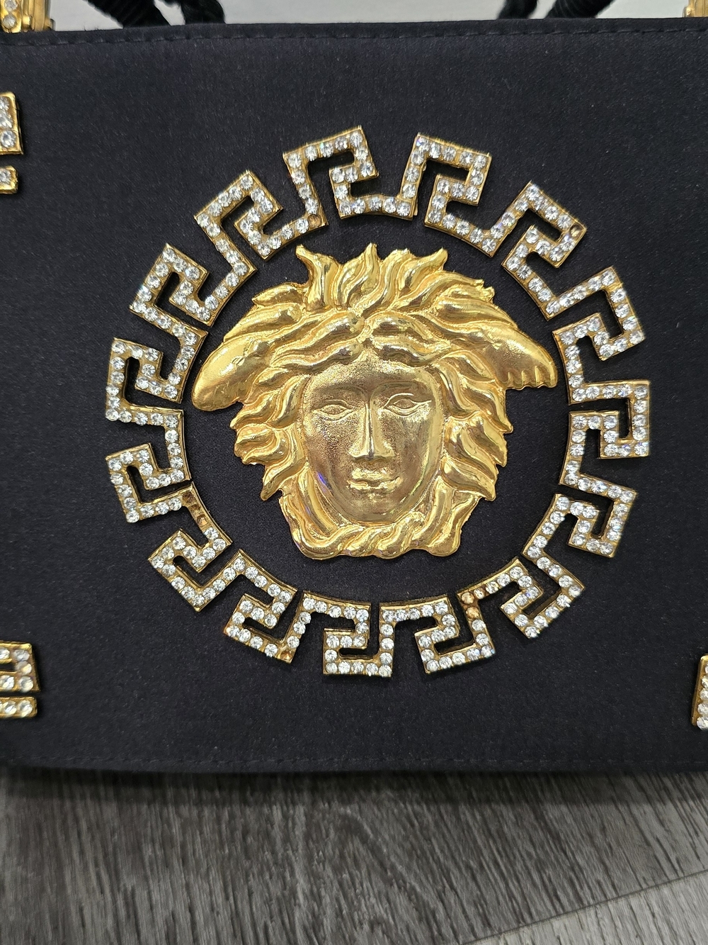 Rare Vintage 1992 Gianni Versace Couture Black Satin Rhinestone Medusa Bag - Picture 9 of 15